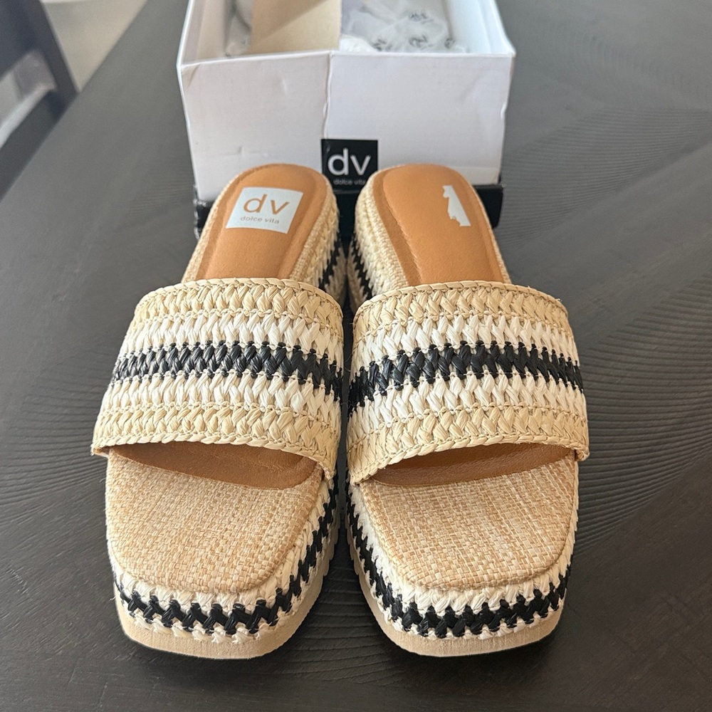 DV by Dolce Vita Natural Woven Platform Slide Mules with Black Trim